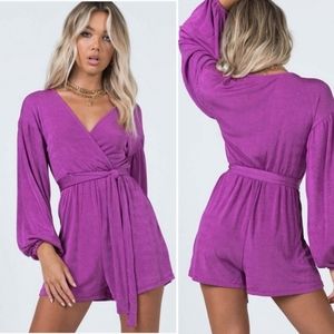 Princess Polly Strike It Up Purple Romper with tie waist belt Women's Size 2